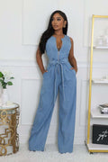 Fashion cross-border   tight waist silm elastic washed denim jumpsuit straight-legloose jumpsuit