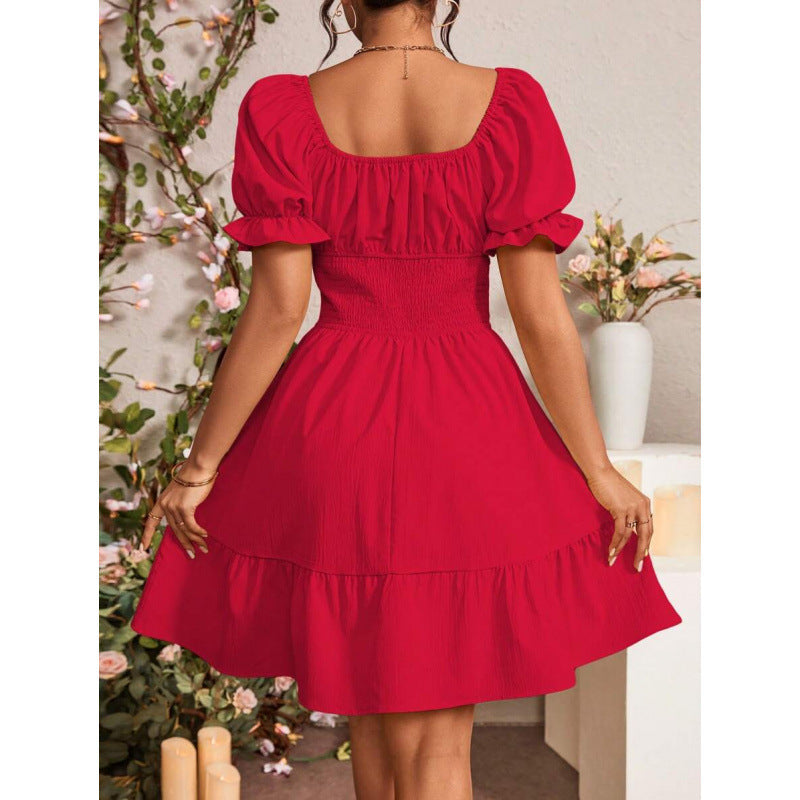 fashion  summer new arrivalelegantrufflespure color puff sleeve square neck shortdress