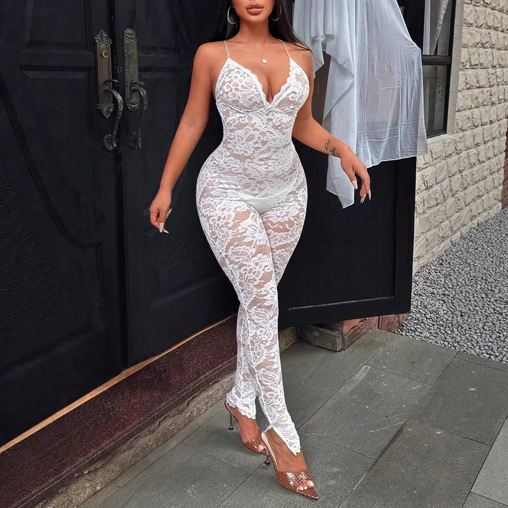 Exportfashion style fashionlacev neckhaltertie backsexysexy girl jumpsuit tight