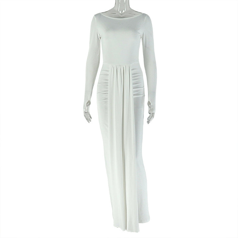 Fashion style cross-border elegantpure color women's casual daily home hip skirt round neck long sleeves waist trendy dress