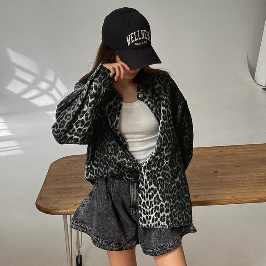 European and American black leopard print jacket 2024 autumn new medium and long outer street style cardigan long-sleeved top women's clothing