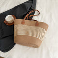 Large capacity straw woven bag women's new patchwork striped handbag fashionable knitted bag high-end tote beach bag