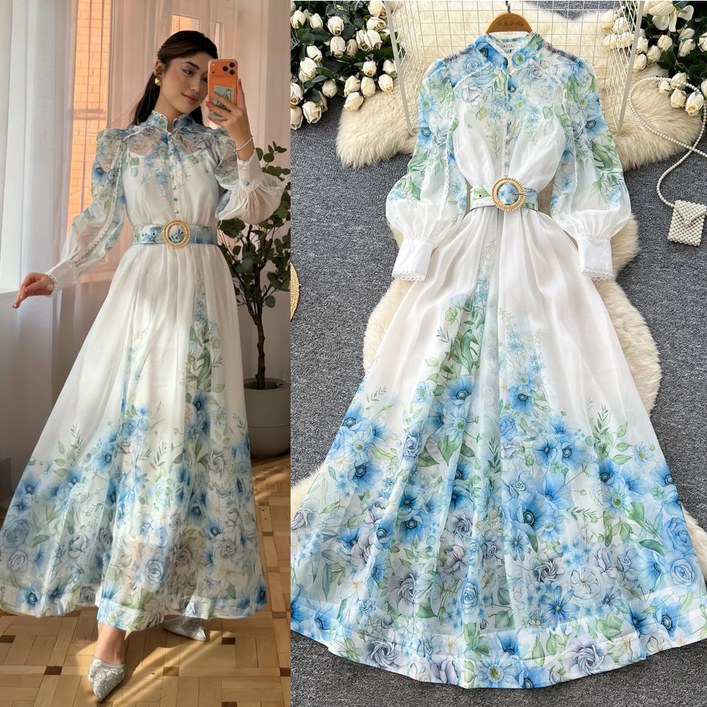 Vacation-style floral print slim-fit dress for women, perfect for spring. long-sleeved, high-waisted, and a-line silhouette. ideal for both work and everyday elegance
