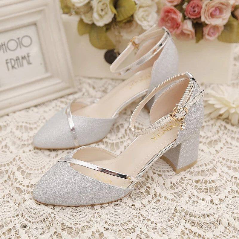 2021 summer new women's closed-toe sandals korean style pointed toe square heel chunky heel women's shoes one-strap buckle fashion sandals export