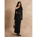 Real shot of export women's pure color oblique shoulder long sleeveslacepatchworkelegancelongdress