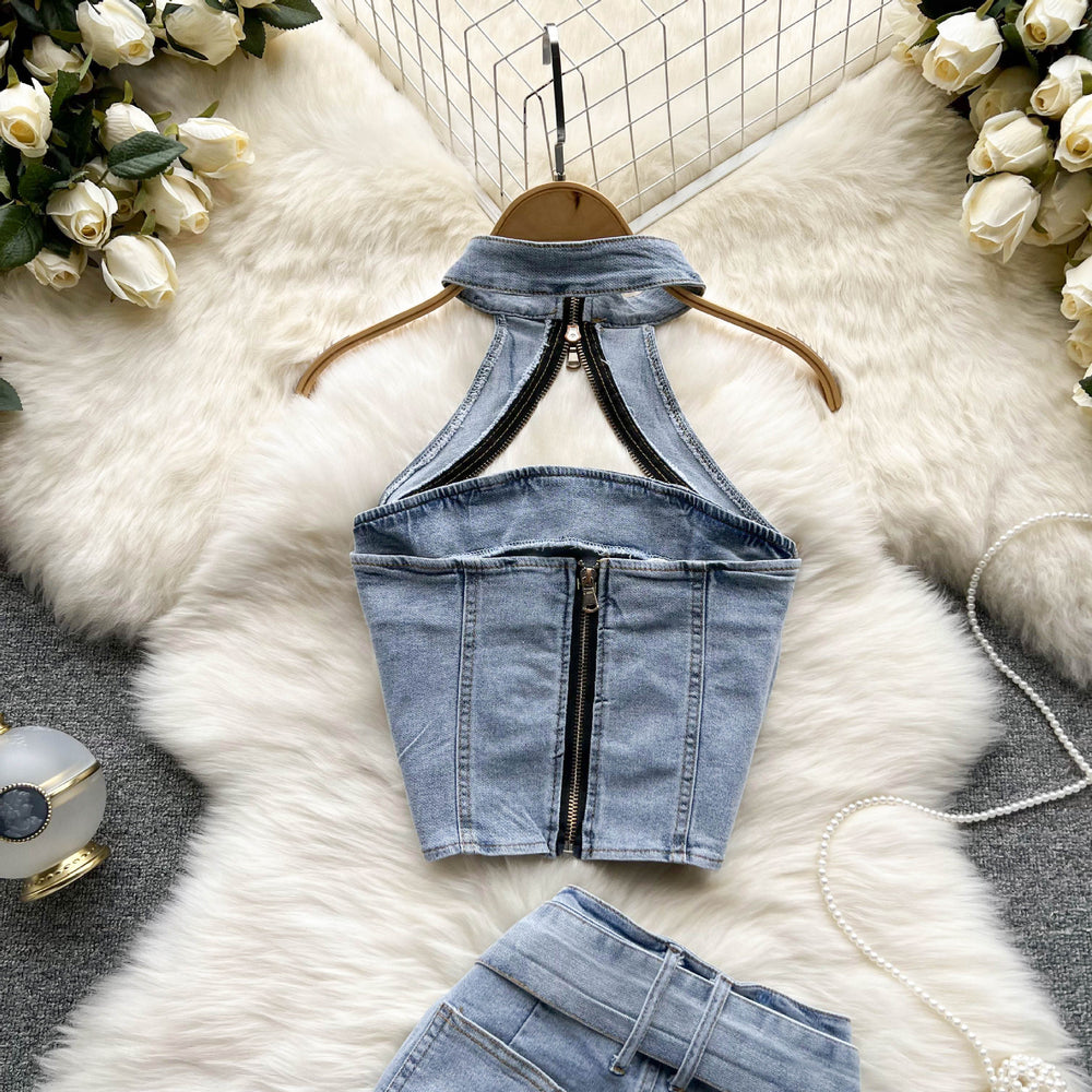 Street style hot girl denim set - women's new summer retro hong kong style halter crop top & mini skirt two-piece outfit