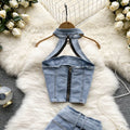 Street style hot girl denim set - women's new summer retro hong kong style halter crop top & mini skirt two-piece outfit