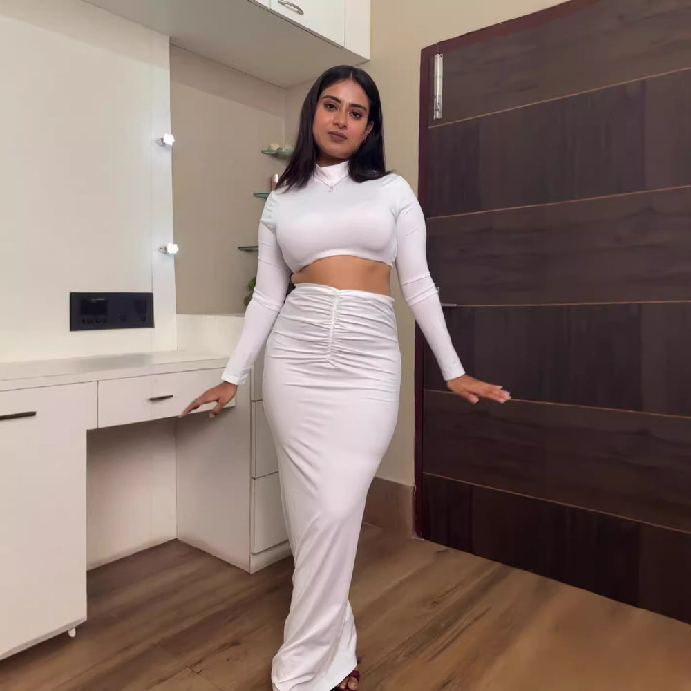 European and american cross-border women's fashion:  autumn new arrivals - solid color stand collar long sleeve top with cinched waist pleated sexy midi skirt