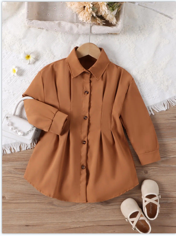 Factory direct spring new arrival: fitted pleated long-sleeve shirt dress - commute-ready solid color mini dress