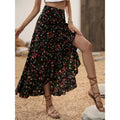 Women's floral high-waisted midi skirt with asymmetrical ruffle hem and slit – perfect for spring/summer vacation and casual wear