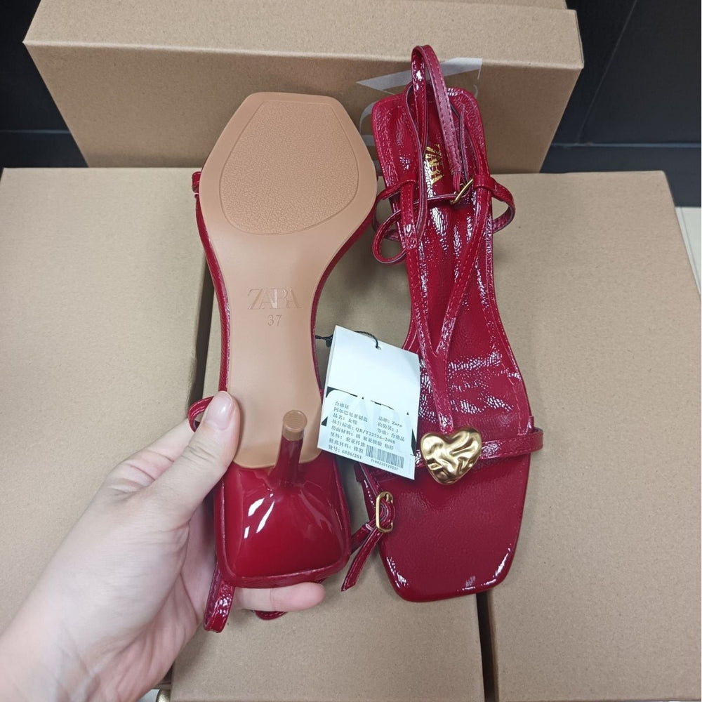 Za summer new arrivals 2025: stiletto heel sandals with metal buckle detail, ankle strap, and back tie closure