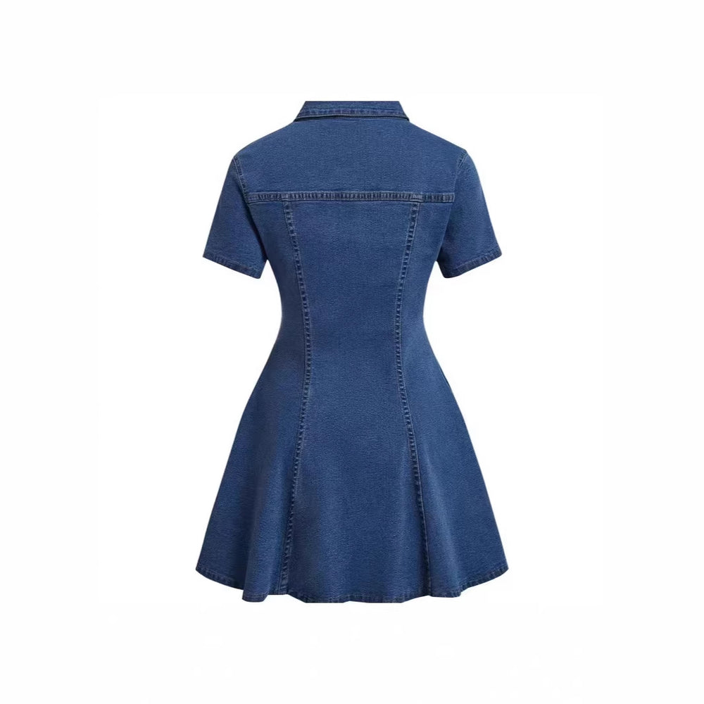 Fashion cross-border women's clothing   independent station new arrival denim short-sleeved cardigan waist dress for women