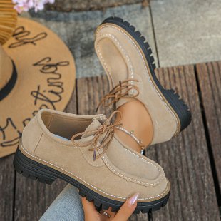 autumn women's casual leather loafers: comfortable round toe, chunky heel, retro style, soft leather, lace-up, platform sole
