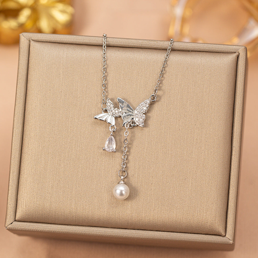 European and american hot-selling fashion zircon pearl necklace for women, lightweight luxury, niche, versatile, elegant, fashionable titanium steel clavicle chain jewelry