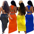 C3643 in stock cross-border fashion solid color sexy dress floor-length dress tie-up maxi dress