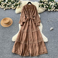 French retro court lace patchwork tie-waist lantern sleeve rhinestone embellished dress - slimming, elegant, and chic maxi dress