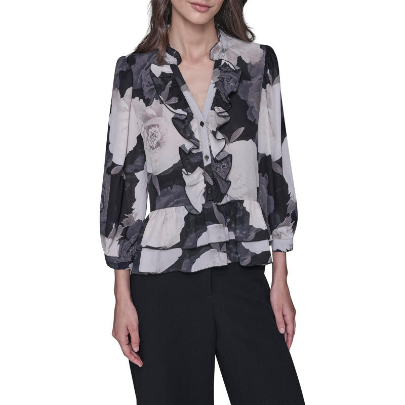 Amazon fashion pure desire v neckprintinglong sleevesshirt women's  spring new arrivalrufflestops women