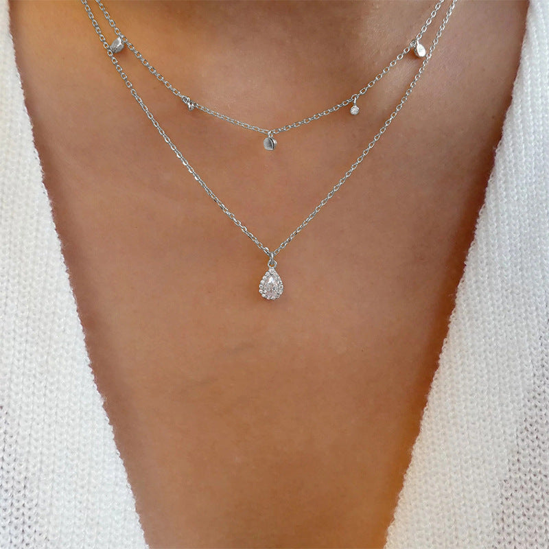Multi-layer crystal necklace wholesale fashion cross-border stacking jewelry new arrival gold-plated water drop socialite long sweater chain for women