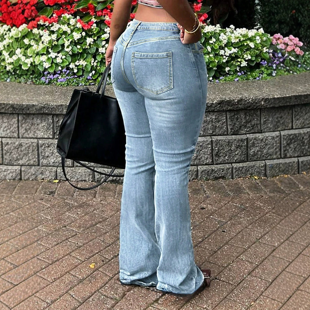 Fashionjeans women's light blue washed high waist elastic bootcut pants retro polished white hip-covering mop denim pants