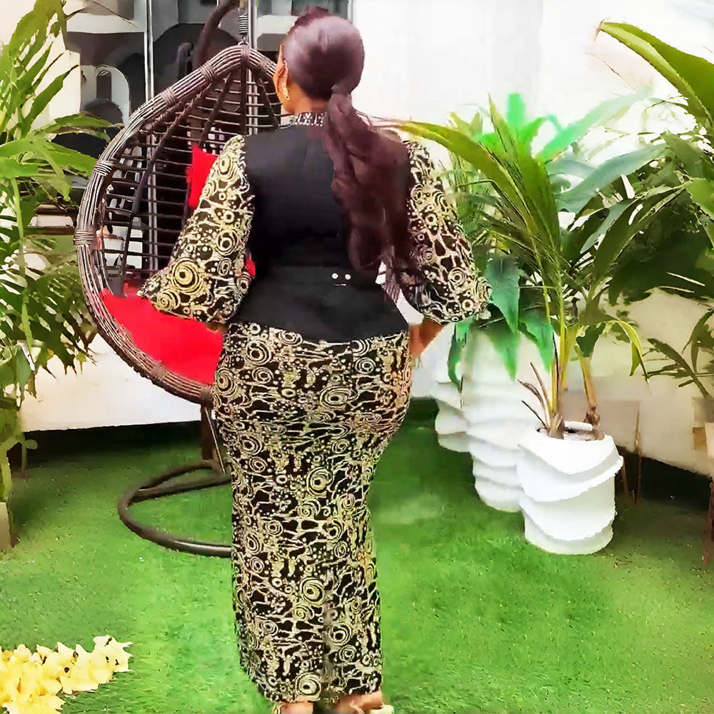 Plus size fashion solid color women's new african hot stamping rhinestone print set cross-border cinched waist dress