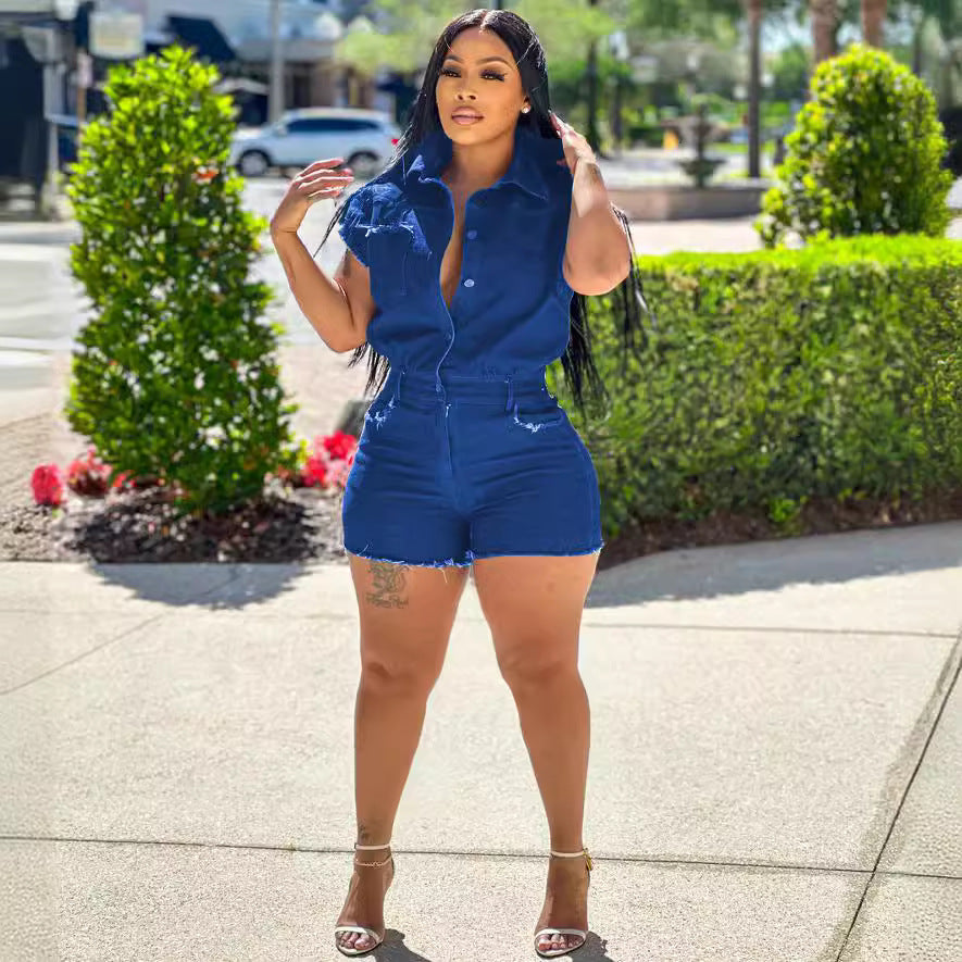 European and american style women's elastic waist jumpsuit -  cross-border women's summer streetwear sexy stretch denim romper