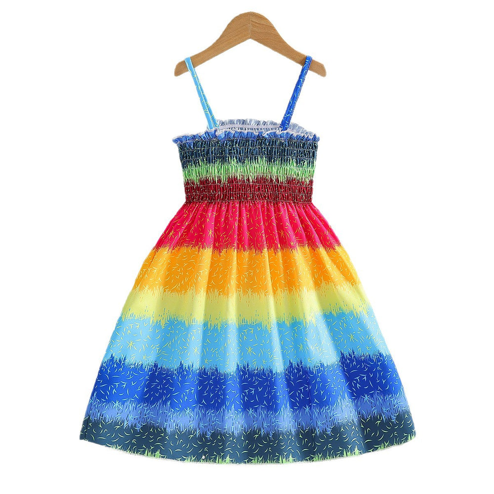 girls' sundress - rainbow gradient patchwork bohemian beach vacation summer maxi dress