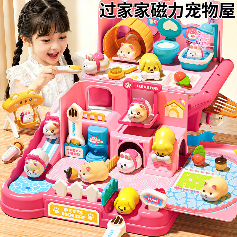 3-6 year old girls' toys, pretend play magnetic pet house, little rabbit & cat dolls, birthday gift for girls