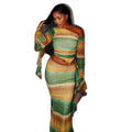 Fashion style cross-border casual vacation hip-covering color matching elegant skirt suit elastic slanted collar asymmetrical two-piece set women's clothing