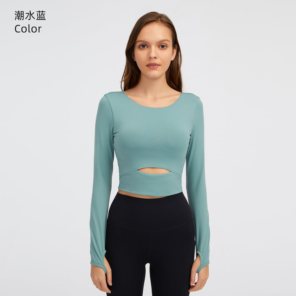 European and american new style padded sports long sleeve t-shirt, fashionable cropped fit, outdoor running slim yoga top for women s2032