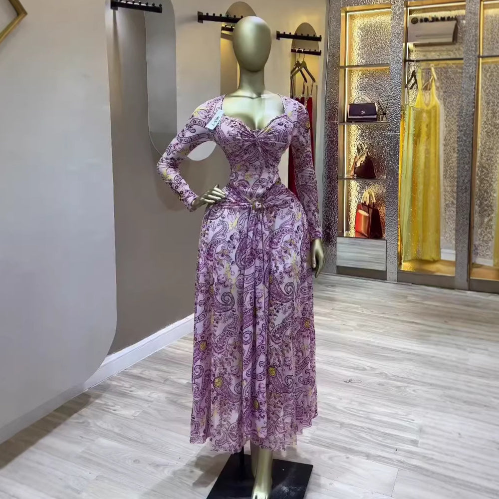 European and american cross-border women's clothing:  summer new arrival - elegant square neck bandeau printed slim-fit maxi dress