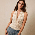 new cross-border halter neck ruched tank top - women's elegant v-neck, cinched waist, sleeveless top - soft & versatile layering piece