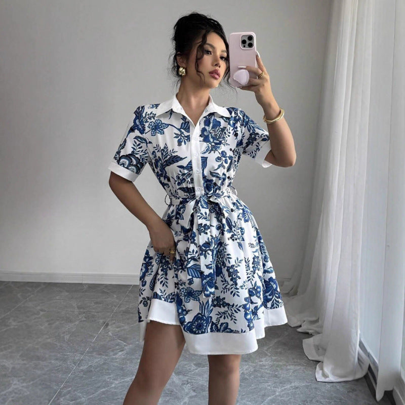 Aliexpress cross-border new arrival: european and american style women's summer printed tie-waist single-breasted dress