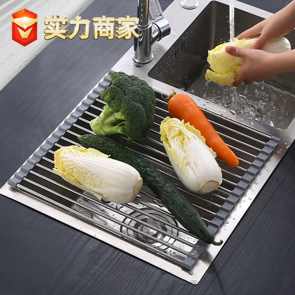 Wholesale Stainless Steel Drain Basket Sink Drain Rack Vegetable Basin Drain Pad Folding Shelf Above Kitchen Sink