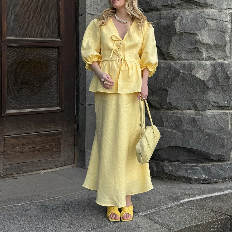 women's summer new arrivals: cross-border european & american fashion - elegant solid color v-neck tie-strap maxi dress set