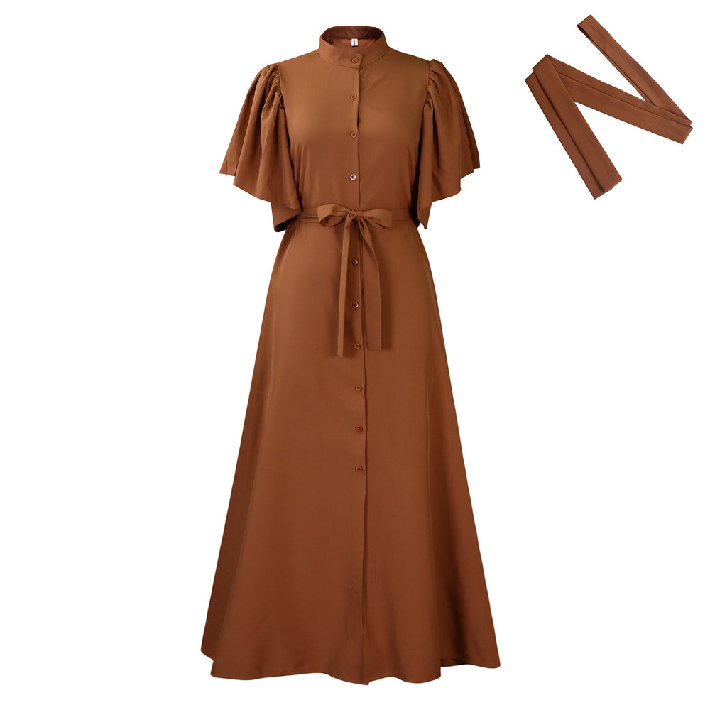 D3270   summer fashion bell sleeves single breasted belt waist loose long skirt export dress