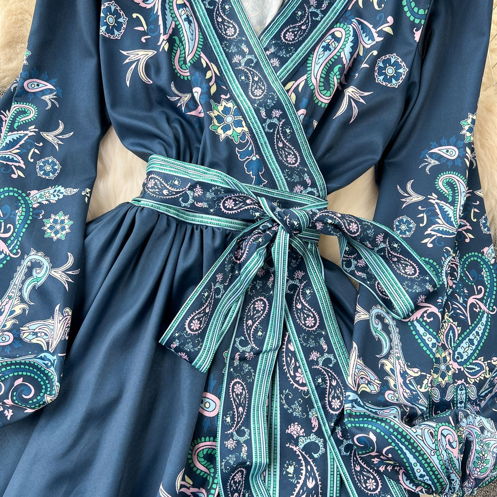 2024 early spring new french chic one-piece tie-waist printed dress - women's luxury elegant maxi dress