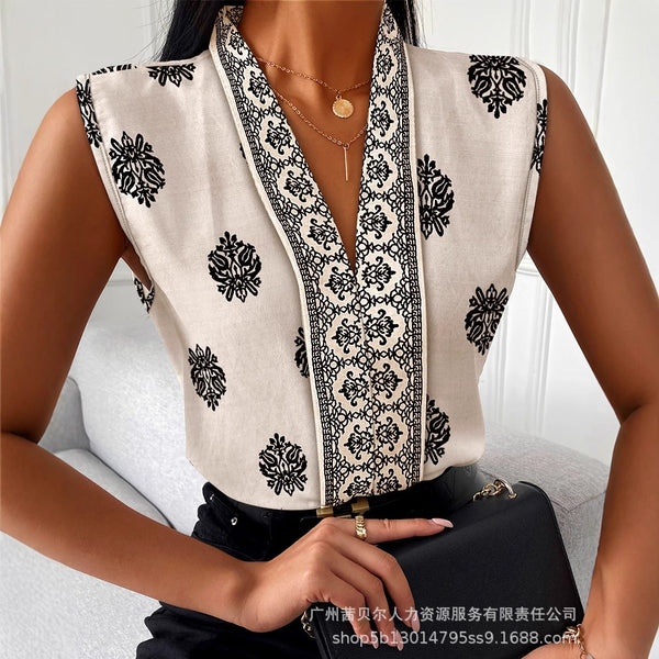 YSM1311L  women's clothing V-neck positioning printed sleeveless top