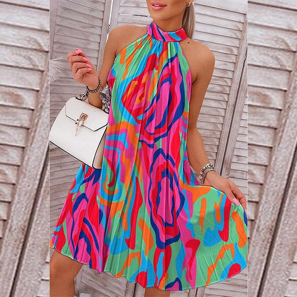 women's 2024 spring new temperament print sleeveless off-the-shoulder stand-up collar fashion pleated dress
