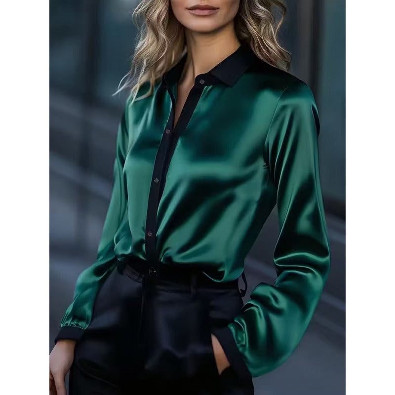 Shipped: bestselling women's satin color block long sleeve top/shirt for independent e-commerce stores