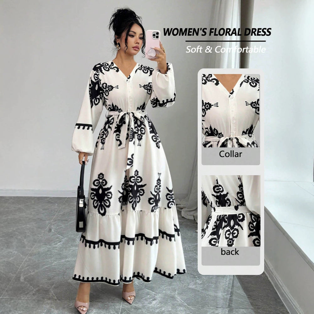 Vintage ethnic print maxi dress - v-neck, single-breasted, lantern sleeves, tie-waist, ruffle hem
