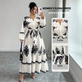 Vintage ethnic print maxi dress - v-neck, single-breasted, lantern sleeves, tie-waist, ruffle hem