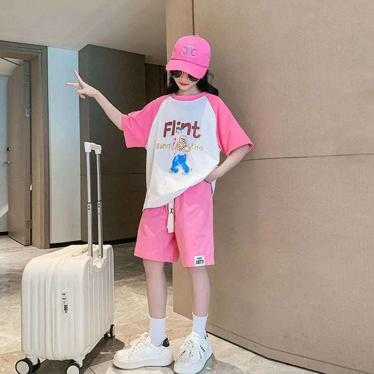 Girls' summer outfit set:  new trendy & stylish short-sleeve summer clothes for girls, popular two-piece activewear set