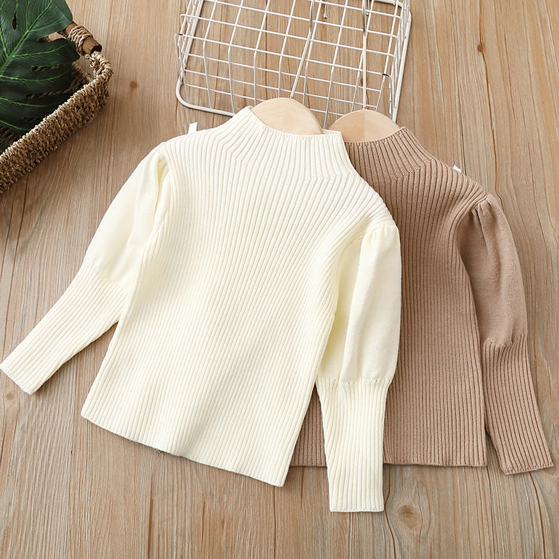 Women's kidssweaterwinterhigh collar puff sleeve bottom shirtpure colorsweatercasualeasiest for matchtops