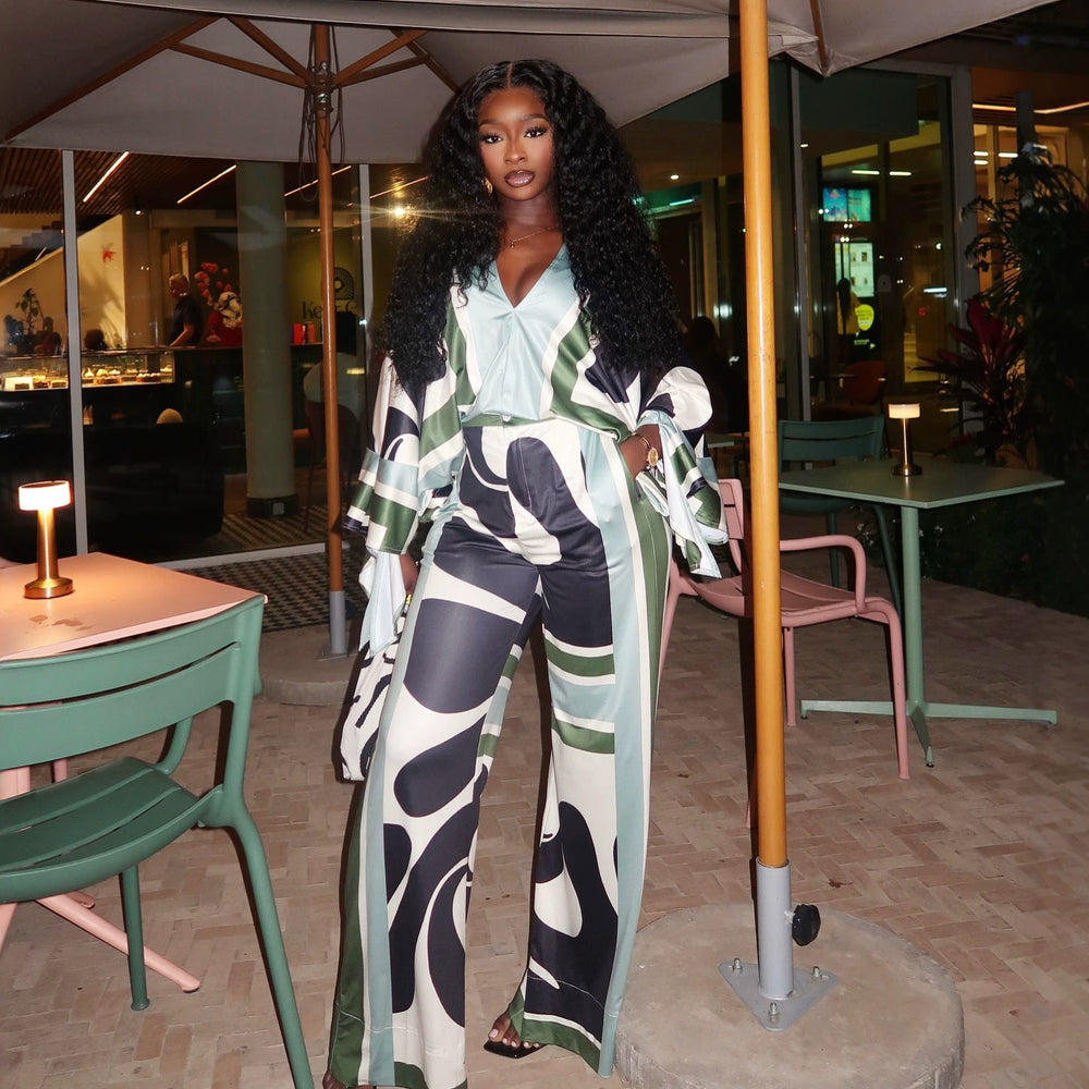 European and american cross-border women's fashion:  summer new collection - stylish v-neck loose-fit printed top and wide-leg pants casual set