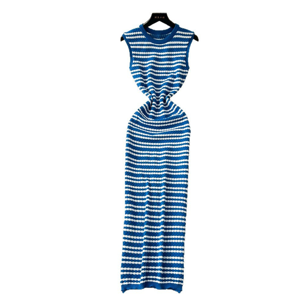 Korean style striped v-neck sleeveless knit dress - women's  summer new arrival - slim fit, waist-defining, slimming, commute-ready maxi dress