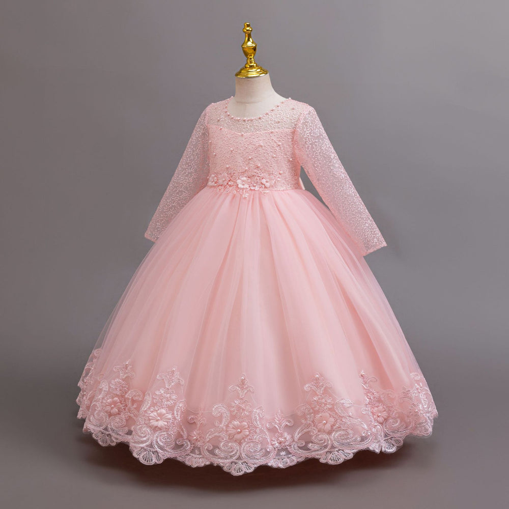 New in stock long sleeveslacekids dress wedding dress princess dress female flower girl birthday dress kids dress