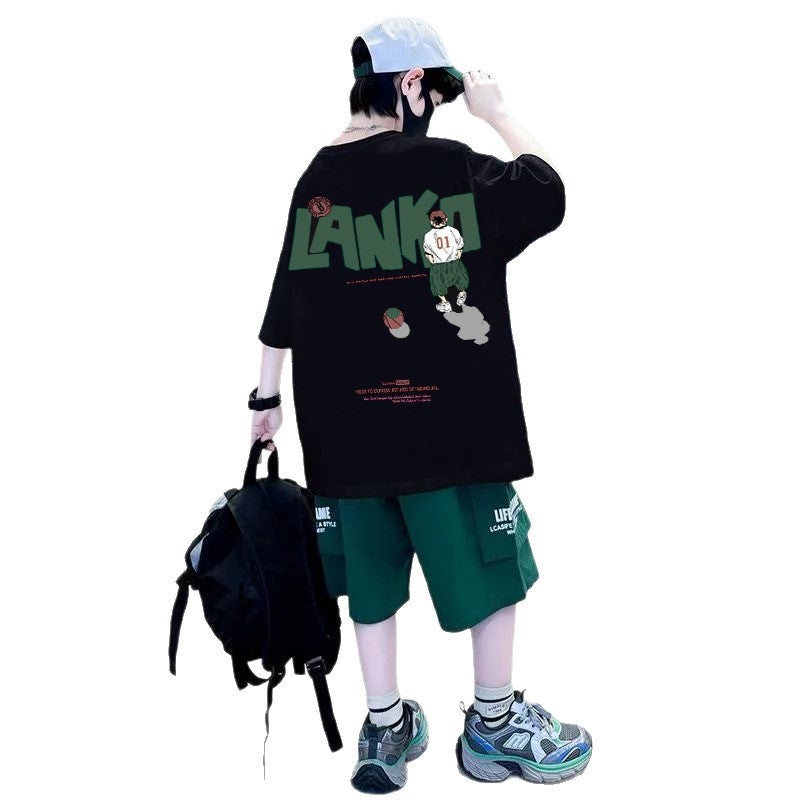 Boys' trendy sports outfit:  new korean style, casual printed summer t-shirt and shorts two-piece set for mid-to-large children