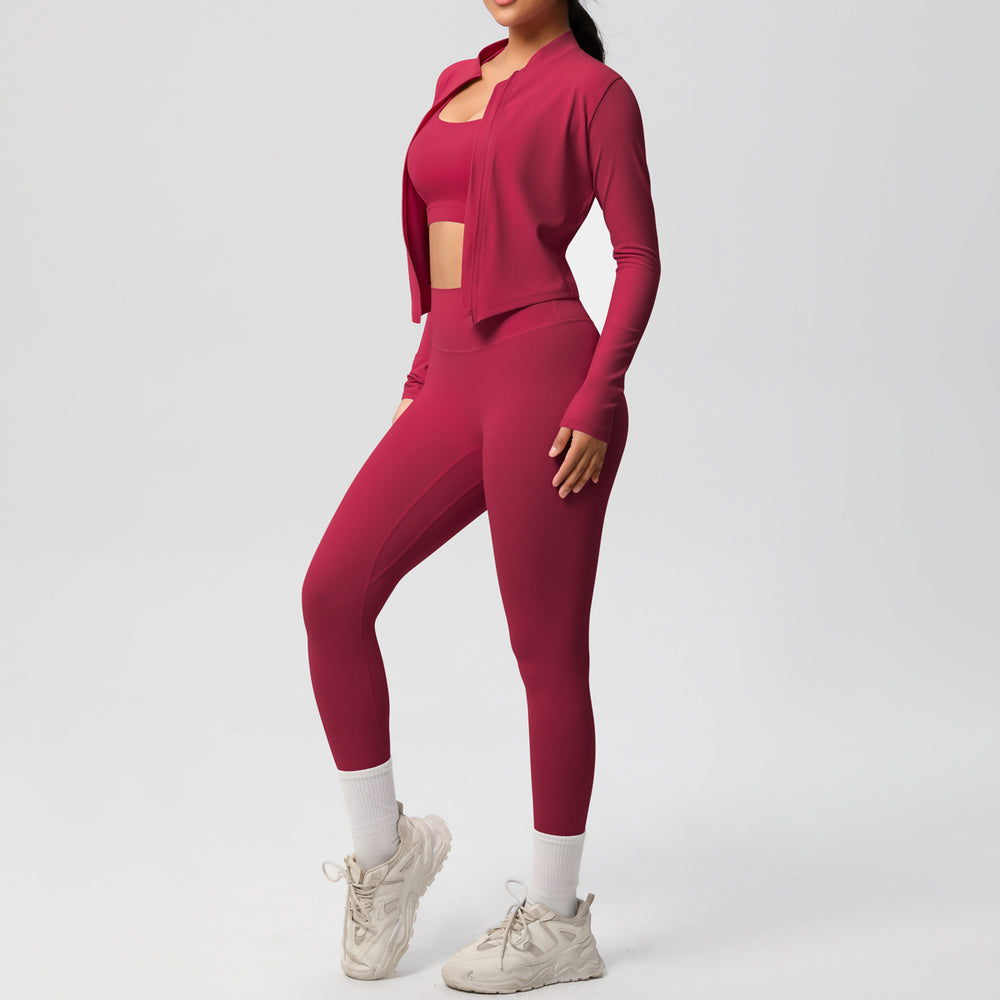 fashionpure color double-sided brushed tight sports yoga clothes three-piece set running fitness yoga clothes suit for women