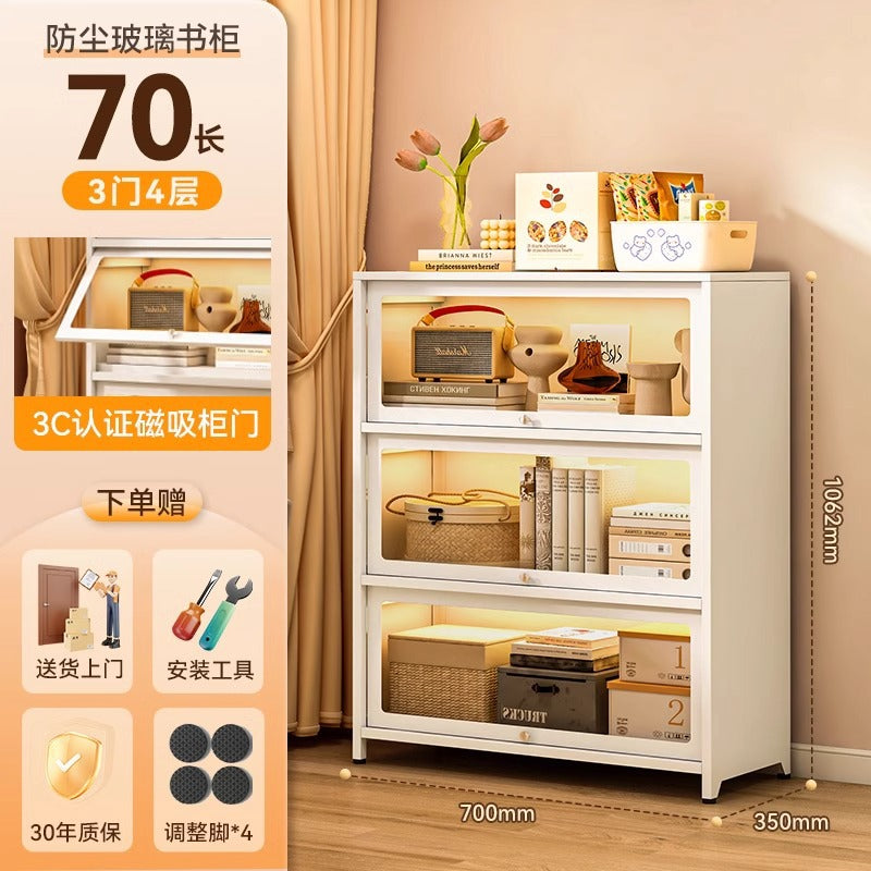 Steel bookcase with glass doors, kids' bookshelf, home living room storage cabinet, dustproof display cabinet, iron art shelf