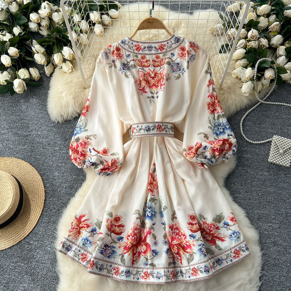European and american retro chic v-neck lantern sleeve tie-waist slimming a-line midi fashion print dress